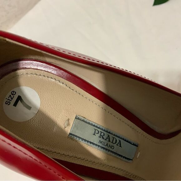 Prada | Red Patent Leather Platform Pumps Sz 37 1/2 - Picture 15 of 15